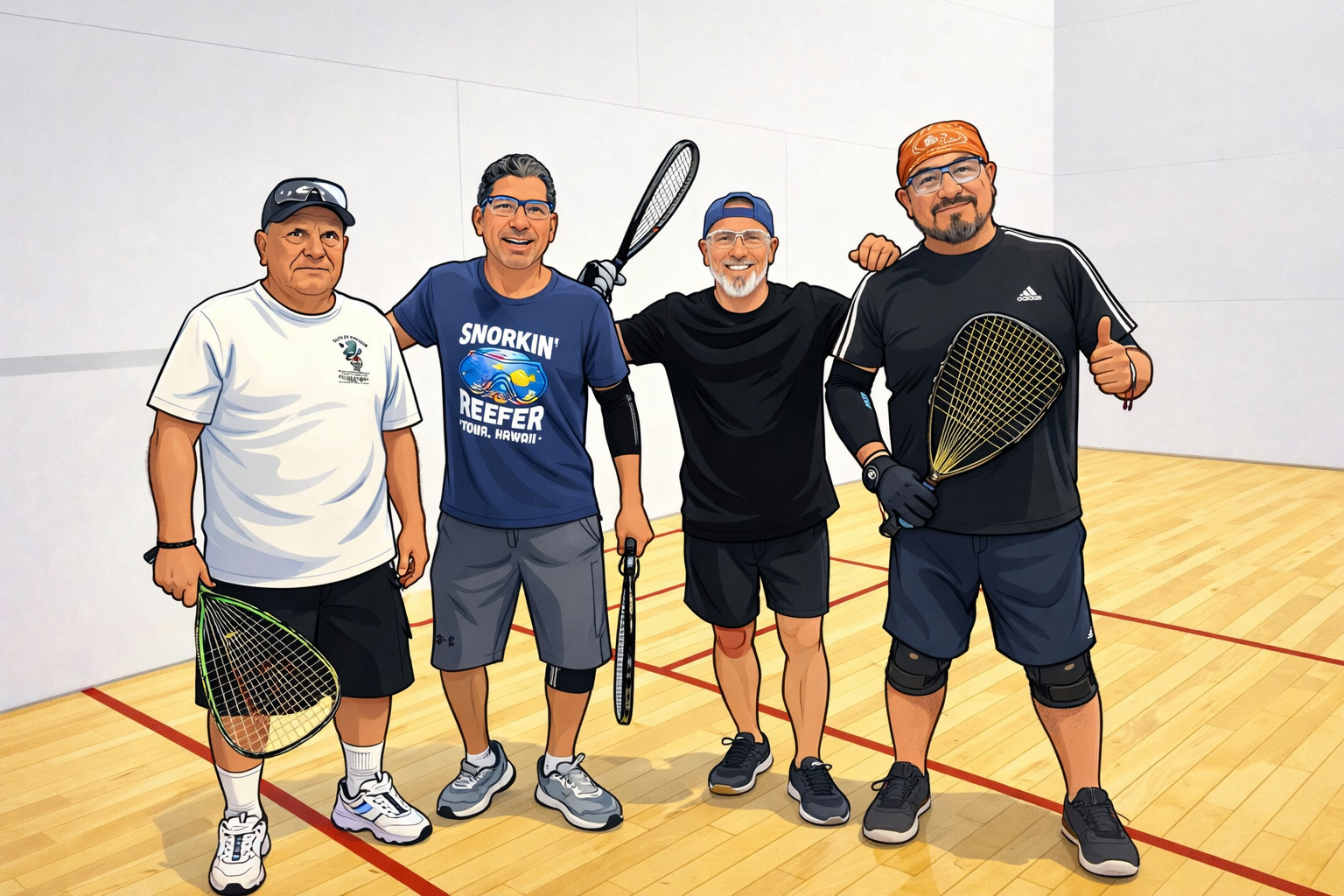 Four friends with racquetball racquets on an indoor court
